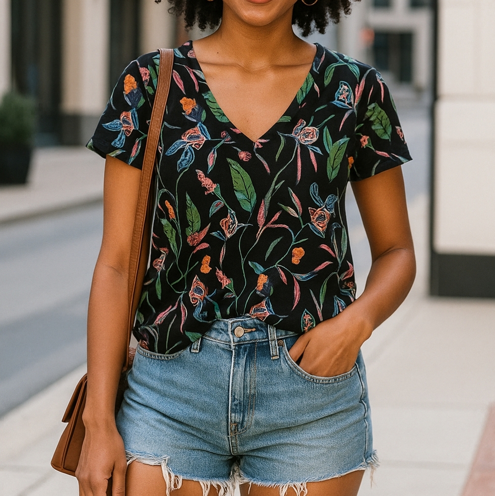🌴 A New Day / Black Floral Blouse – Colorful Print, 100% Cotton, Size Large